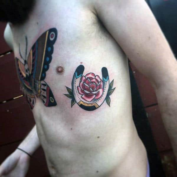 Rose Flower Horseshoe Traditional Male Rib Cage Tattoos