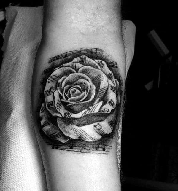 Rose Flower Music Note Mens Leg Calf Tattoo Designs