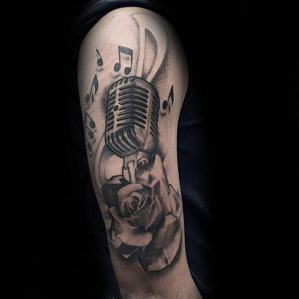 Rose Flower Music Note With Microphone Male Upper Arm Tattoo