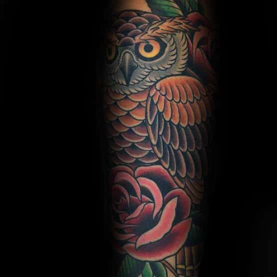 Rose Flower Owl Sleeve Male Traditional Tattoos