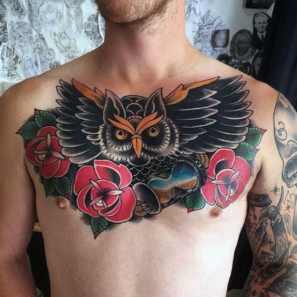 rose-flower-owl-with-hourglass-mens-traditional-upper-chest-tattoos