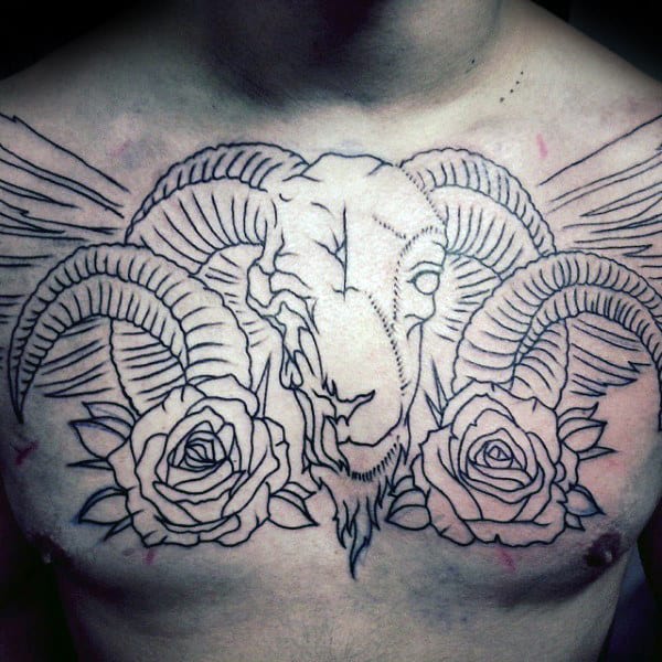 Rose Flower Ram With Horns Mens Chest Tattoos