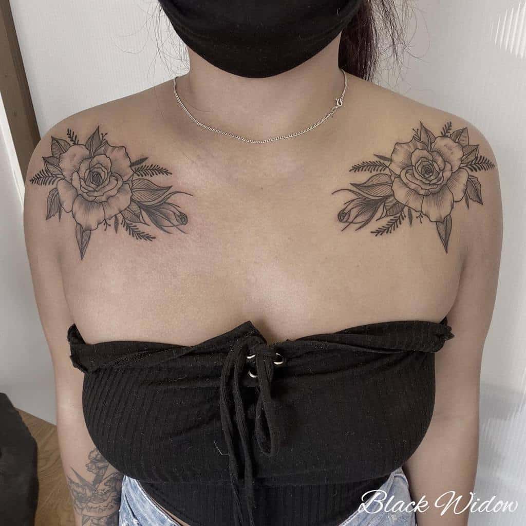 rose flower shoulder tattoo blackwidow_tattoostudiomalta