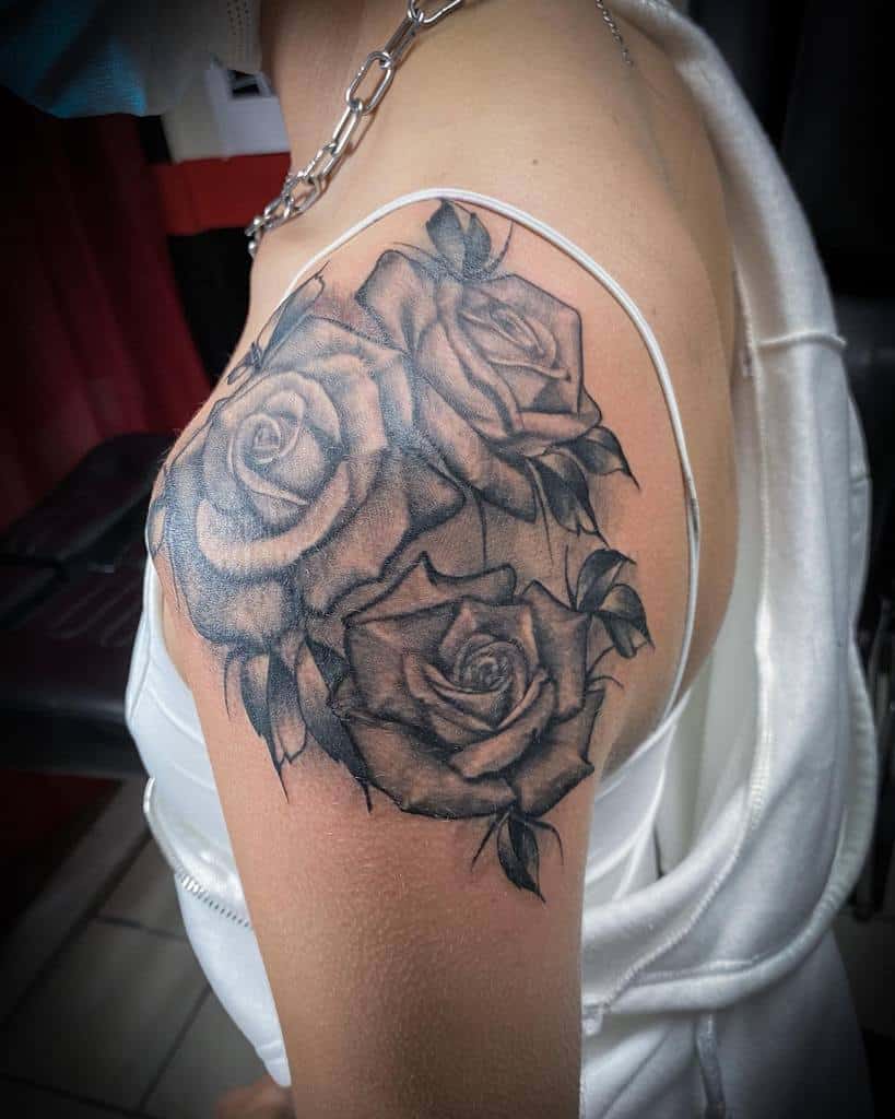 rose flower shoulder tattoo inkdbypanda