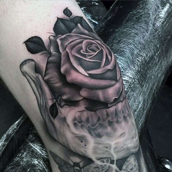 Rose Flower Skull Knee Tattoos For Guys