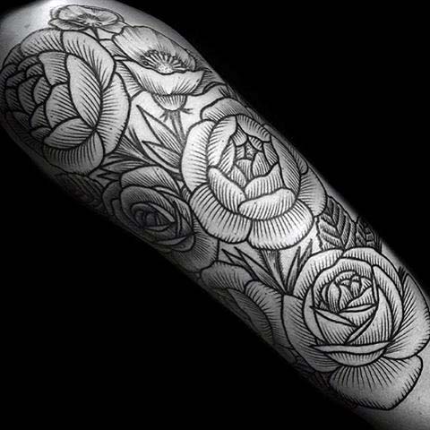 Rose Flower Sleeve Woodcut Mens Tattoos