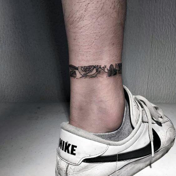 Rose Flower Small Ankle Band Tattoo On Men