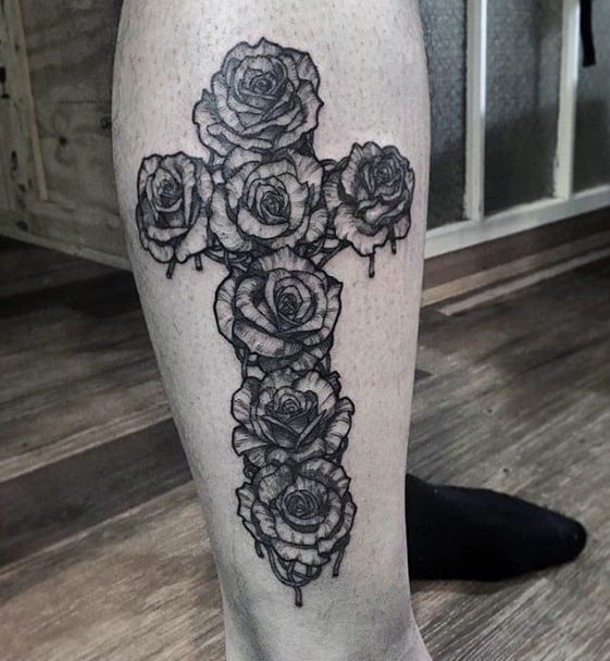 Rose Flower Small Religious Male Leg Tattoo