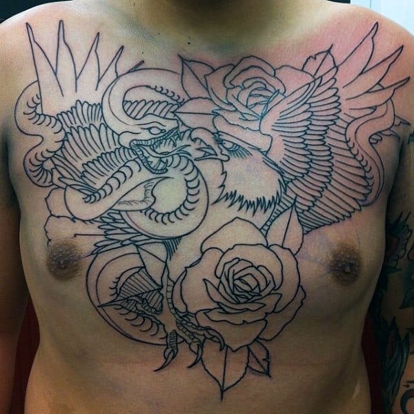 Rose Flower Snake And Eagle Mens Black Ink Outline Chest Tattoos