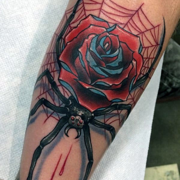Rose Flower Spider Web Mens Arm Tattoos