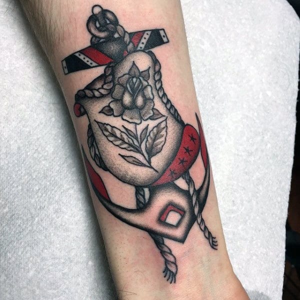 Rose Flower Traditional Mens Red And Black Ink Anchor Forearm Tattoos