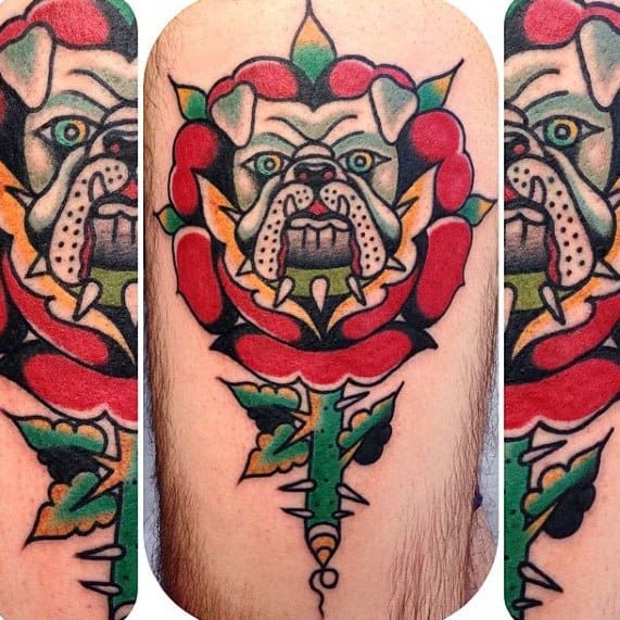 Rose Flower Traditional Old School Guys Bulldog Tattoo Designs