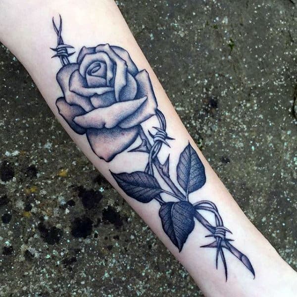 Rose Flower With Barbed Wire Thorn And Petals Mens Inner Forearm Tattoo