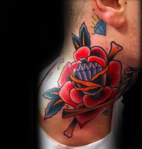 Rose Flower With Diamond Mens Tradtional Neck Tattoo Design Inspiration