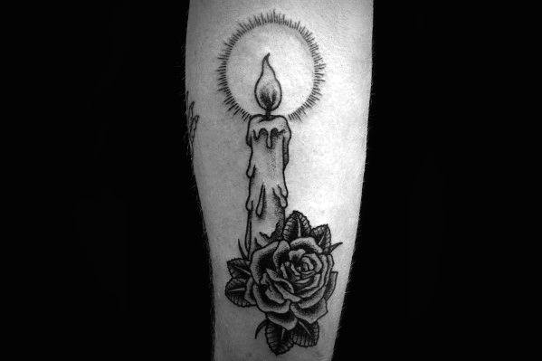 Rose Flower With Glowing Candle Flame Traditional Forearm Tattoos For Men