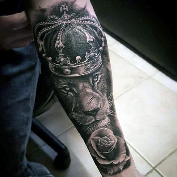 Rose Flower With Lion Wearing Crown Guys Forearm Sleeve Tattoo