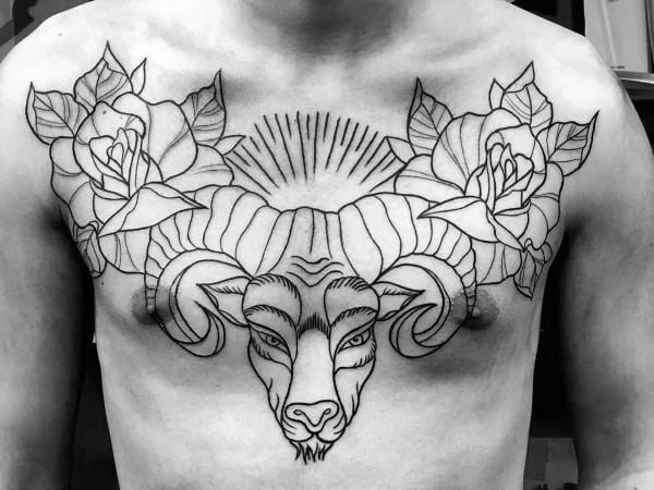 Rose Flower With Ram Aries Mens Chest Tattoo Design Inspiration