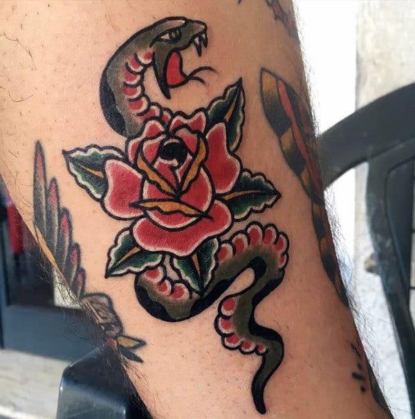 Rose Flower With Snake Small Mens Traditional Tattoo On Arm