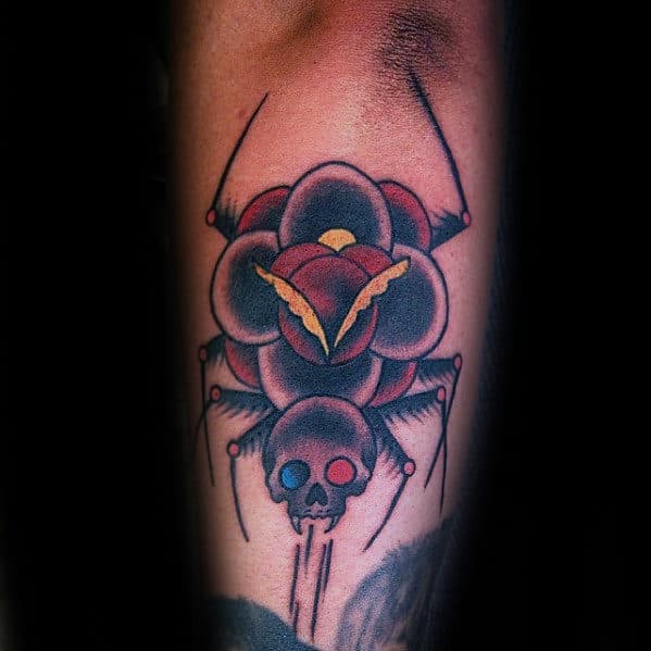 Rose Flower With Spider And Skull Traditional Outer Forearm Tattoos For Men