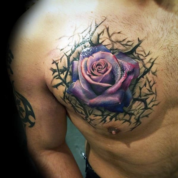 Rose Flower With Thorns Mens 3d Upper Chest Tattoos