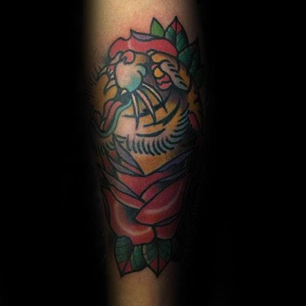 Rose Flower With Tiger Head Guys Forearm Traditional Tattoo Design Ideas
