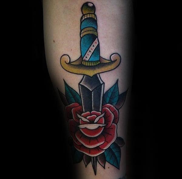 Rose Flower With Traditional Male Retro Tattoo Of Dagger