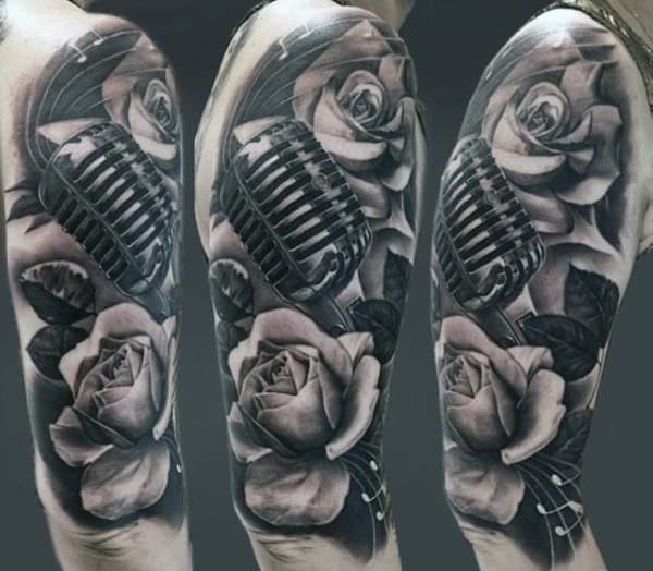 Rose Flowers With Microphone Mens Realistic Music Themed Sleeve Tattoo