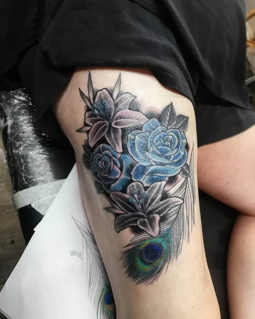 Rose Lilies Peacock Feather Tattoo