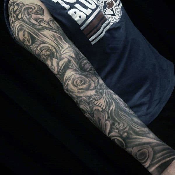 Roses And Mary Religious Tattoo Male Sleeves