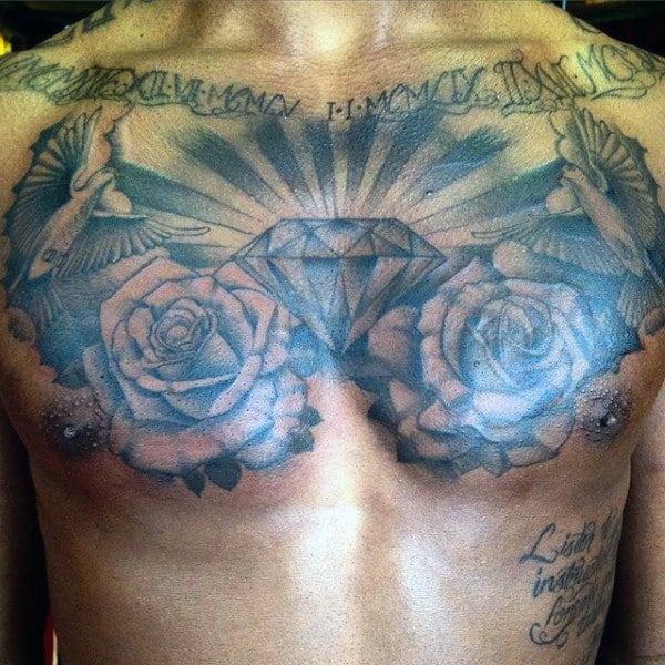 Roses With Diamond Mens Chest Tattoo