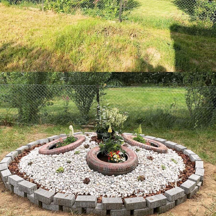 round stone wall flower bed car tires gravel 