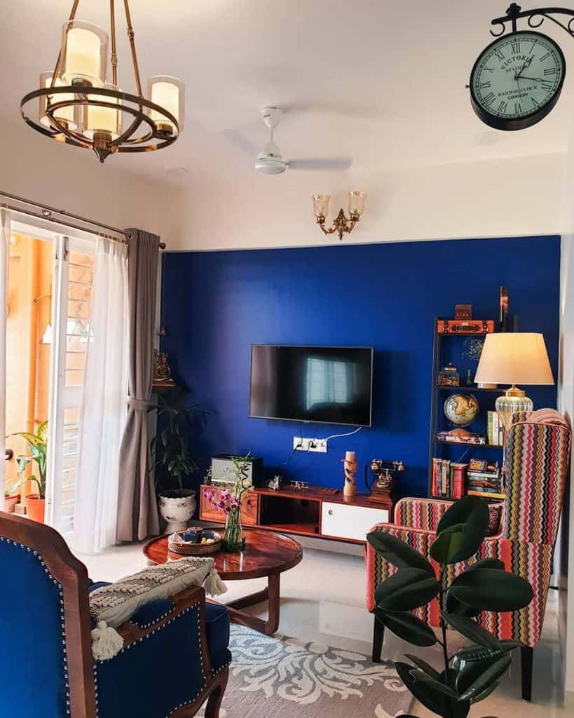 royal blue feature wall modern living room wood furniture