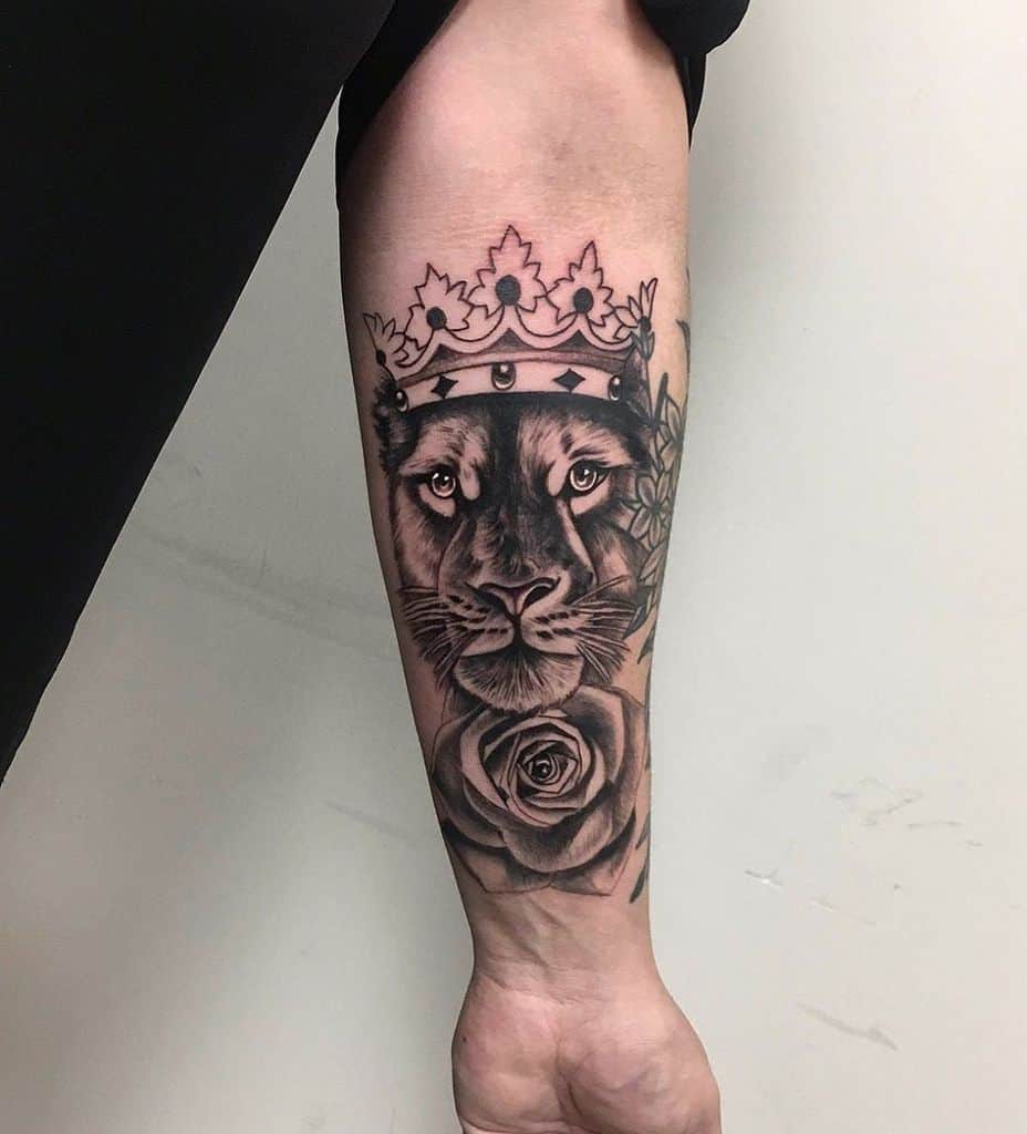 Royalty Flower Sleeve Lion Tattoo