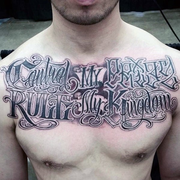 Rule My Kingdom Guys Chest Script Tattoos