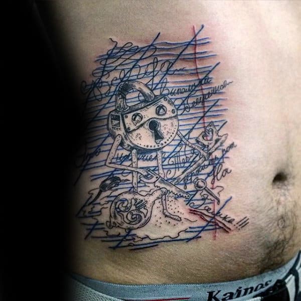 Ruled Paper With Lock Cartoon Mens Rib Cage Side Tattoos