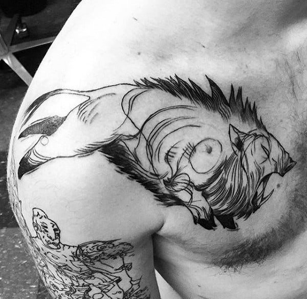 Running Boar Mens Shoulder And Chest Tattoo