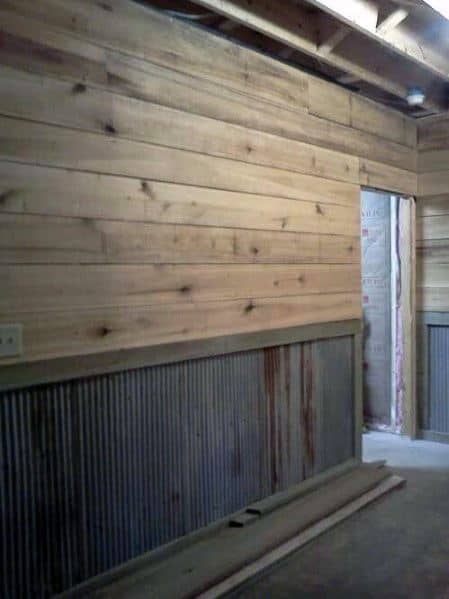rusted steel with natural wood planks garage wall design 