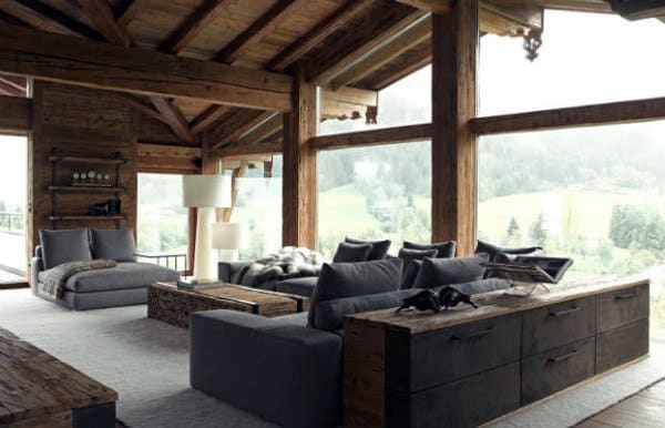 loft living space gray sofas wood cabinets gray floor rug
