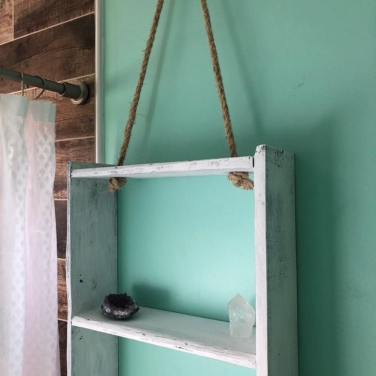 rustic bathroom shelf with crystals