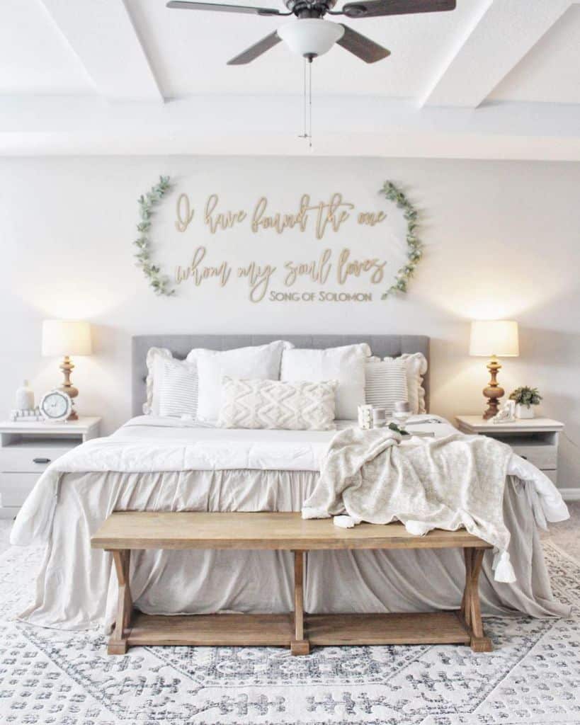 chic farmhouse bedroom fray headboard quote wall art bench seat pattern floor rug