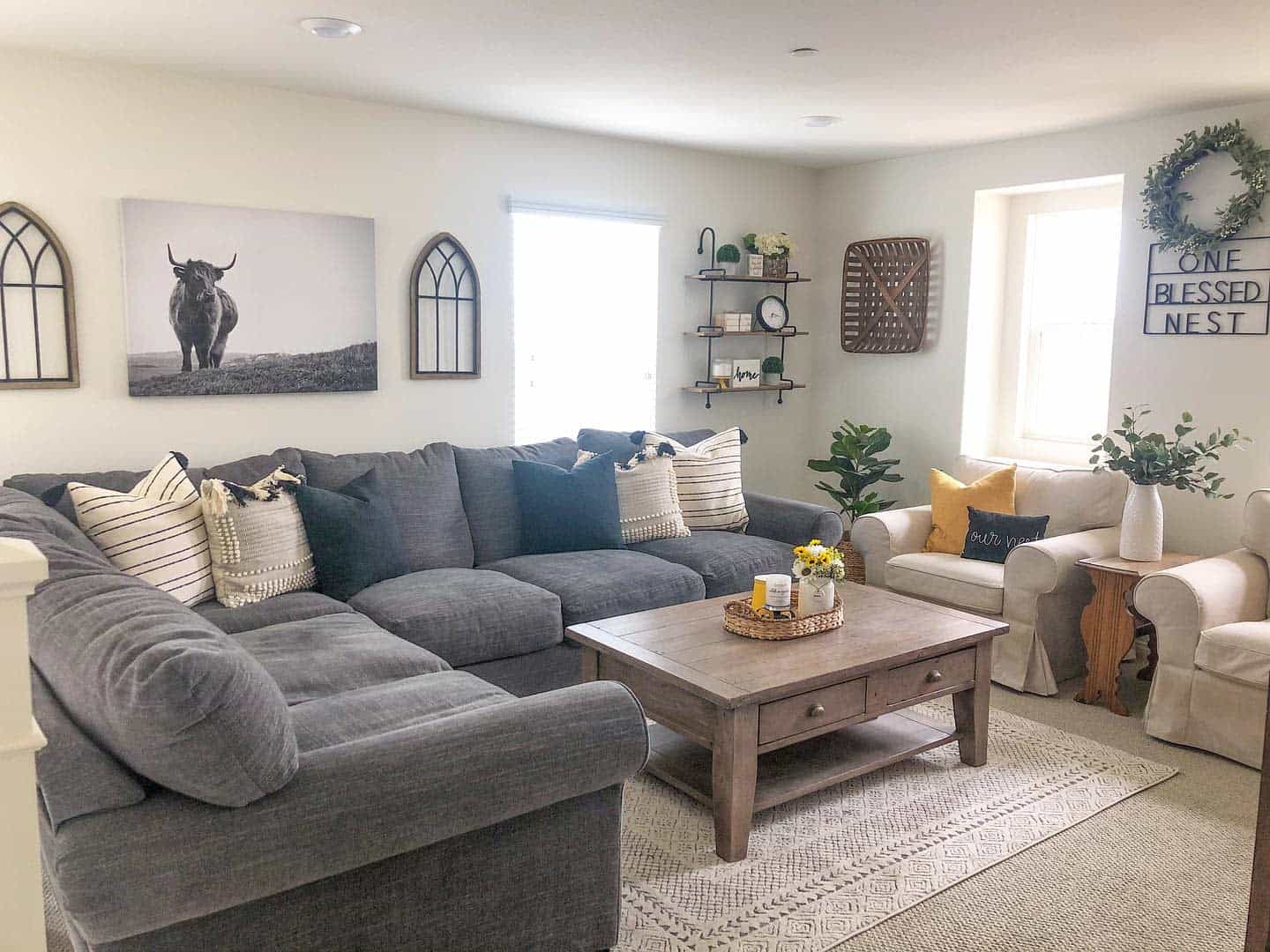 simple rustic living room with l-shape gray sofa