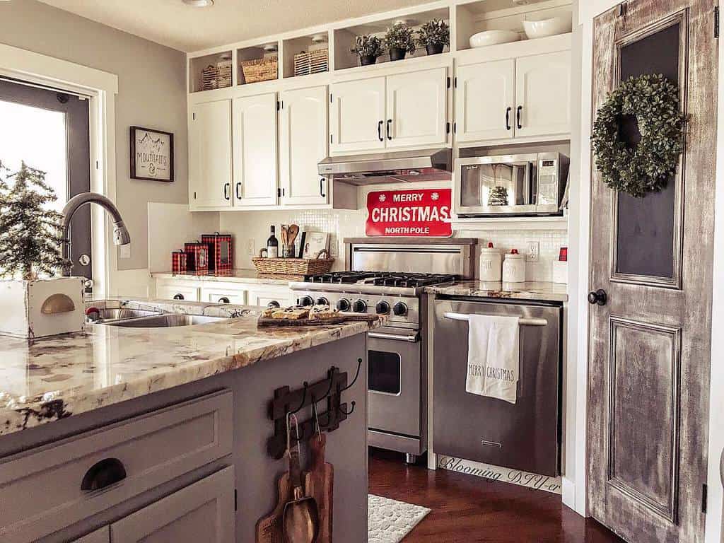 rustic modern farmhouse kitchen white cabinets door with wreath 