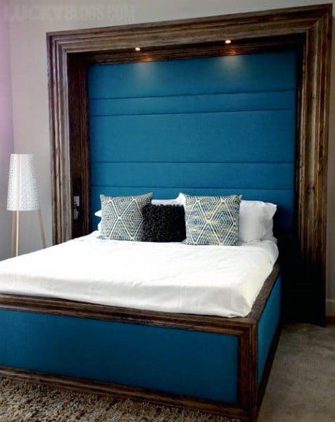 rustic bed frame blue padded upholstered headboard