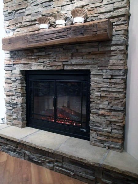 Rustic Look Stacked Stone Fireplace Ideas With Wood Mantel