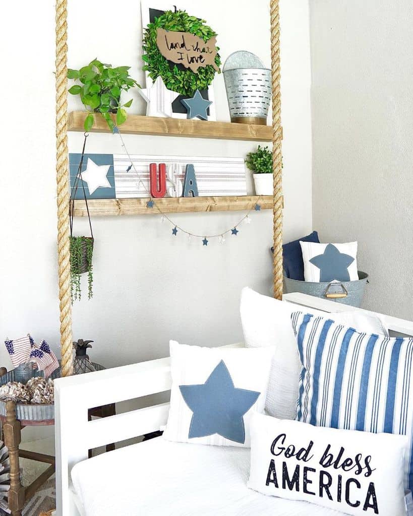 hanging white bench seat in american themed living room 