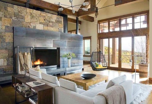 modern living room sectional sofa gray slate fireplace 