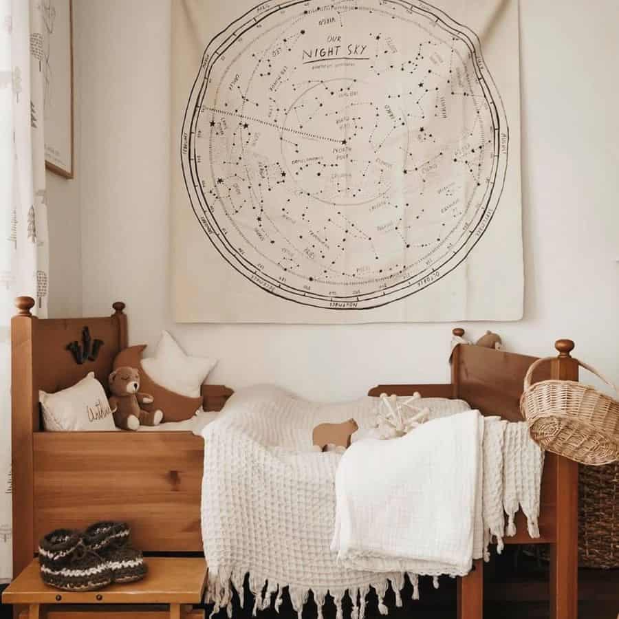 kids bedroom wood bed astrology wall poster knitted booties white throw rug 