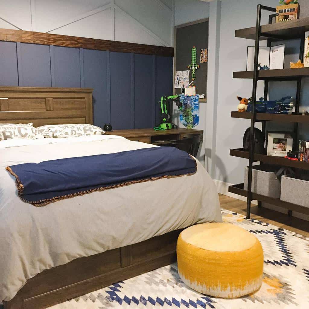 rustic small basement boys bedroom with coffered walls 