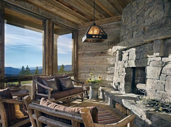 Rustic Stone Fireplace Sunroom Ideas