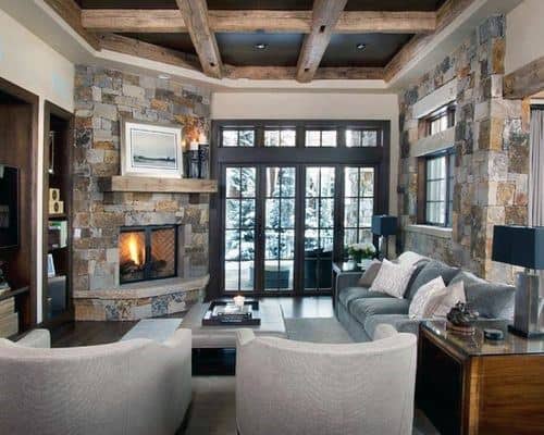 Rustic Stone With Wood Beams Corner Fireplace Design